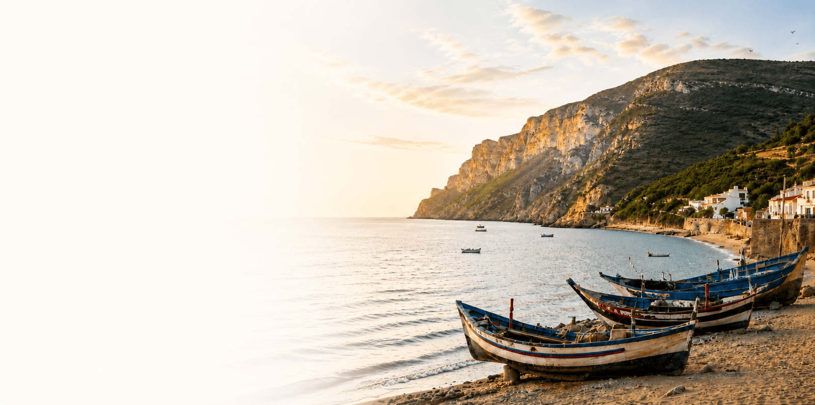 Costa de Sesimbra · barcos tradicionais ao amanhecer dourado